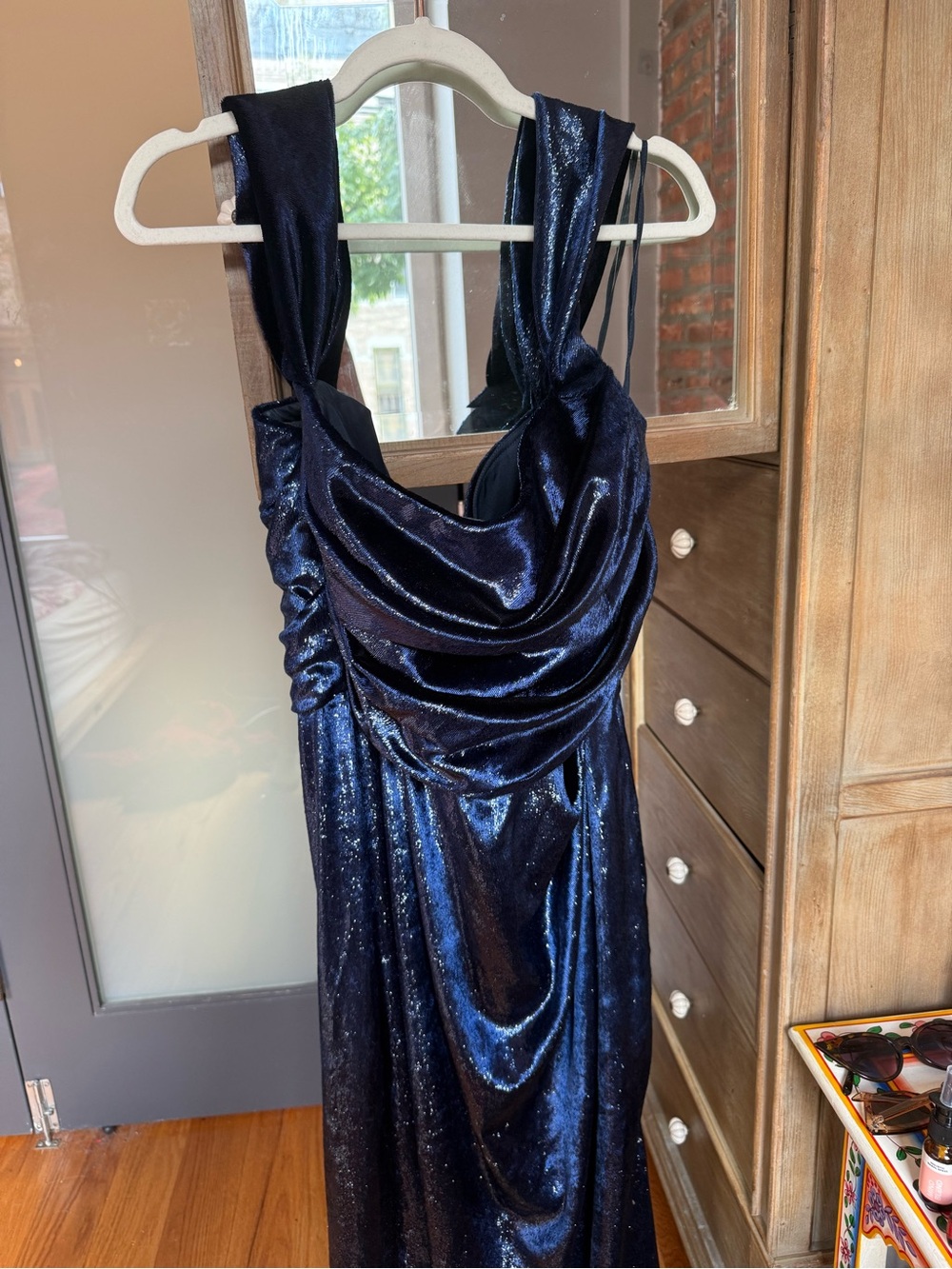 Amsale Navy Shimmer Draped Evening Gown